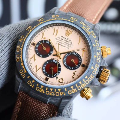 Black ROLEX Daytona Replica 40*12.4MM Carbon Fiber Case Grey/Rainbow Bezel Beige/Black/Blue Dial Watch